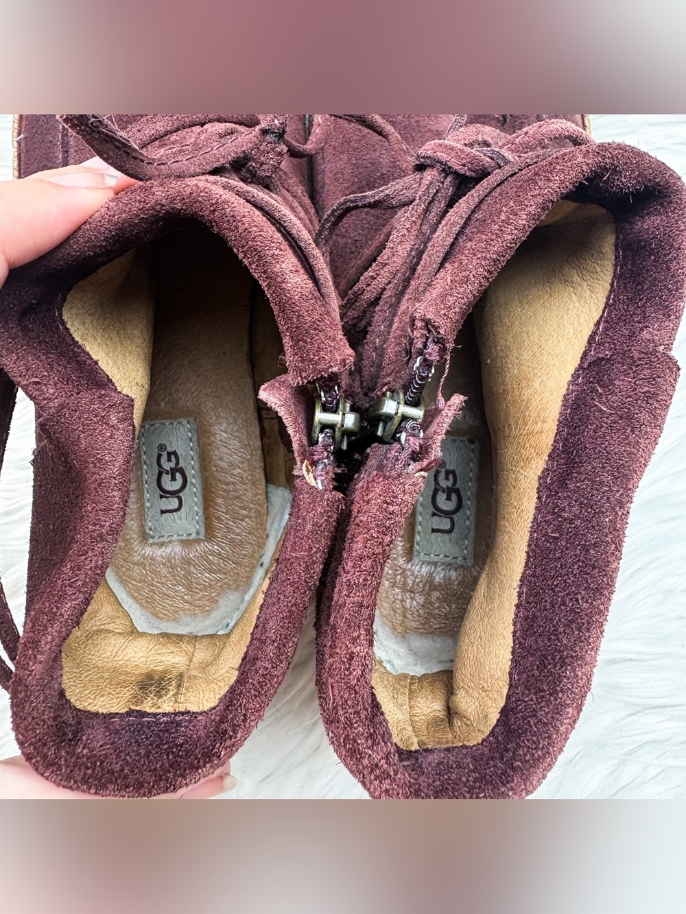 UGG Reid Ankle Boots Wine Maroon Burgundy Suede Leather Mocassin Tie Womens 7.5 - Picture 7 of 10